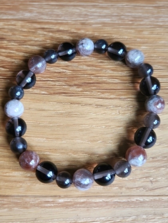 Hand Crafted Jewelry - Fire Sunstone, Smoky Quartz & Ice Obsidian Bead Stretch Bracelet, Hand Crafted